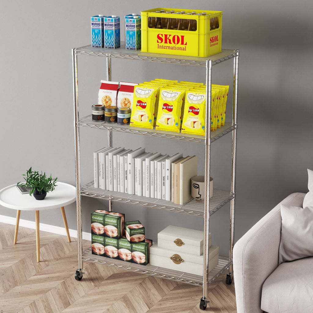 Chrome 4-Shelf Shelving Units and Storage Rack on Wheels with Shelf Liners Set of 4, NSF Certified, Adjustable Matel Wire Shelving Unit Rack for Garage, Kitchen, Office(50H X 30W X 14D). item#: 200-4CW