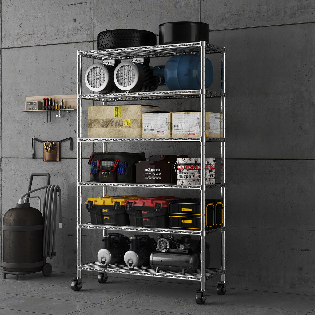 6-Tier Chrome Heavy Duty Storage Shelves, 48" W X 18" D X 72" H NSF Certified Steel Wire Shelving Unit with 4" Wheels and Adjustable Feet, for Office, Pantry, Kitchen, Garage, Bakers Rack. ITEM#: 60-6C
