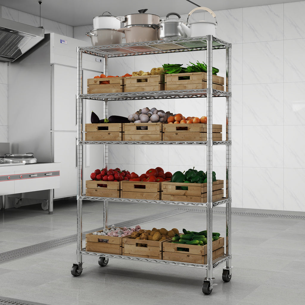 5-Tier Chrome NSF Certified Storage Shelves,18"D X 48"W X 72"H Heavy Duty Steel Wire Shelving Unit with Wheels and Adjustable Feet, Used as Pantry Shelf, Garage or Bakers Rack Kitchen Shelving. ITEM#: 60-5C