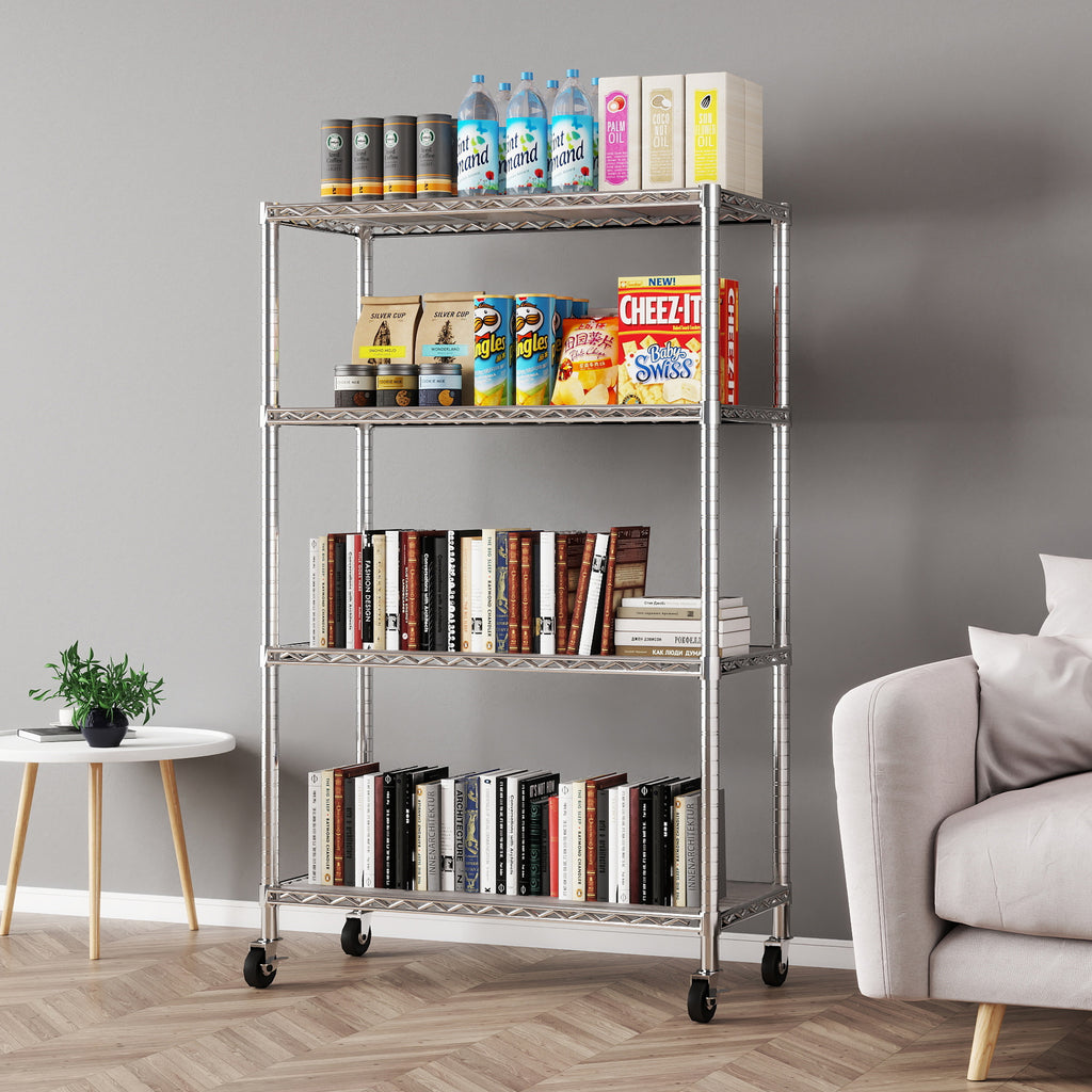 Chrome 4-Shelf Shelving Units and Storage on 3'' Wheels with 4-Shelf Liners, 36W X 14D X 57.7H Adjustable Heavy Duty Steel Wire Shelving Unit for Garage, Kitchen, Office Pole Diameter 1 Inch. item#: 33654