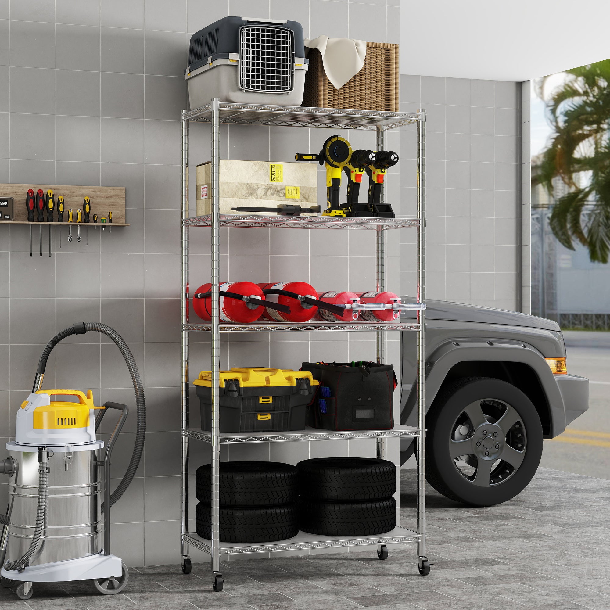 5-Shelf Shelving Units and Storage on Wheels with Shelf Liners Set of 5, NSF Certified, Adjustable Carbon Steel Wire Shelving Unit Rack for Garage, Kitchen, Office(63H X 30W X 14D). item#: 200-5CW