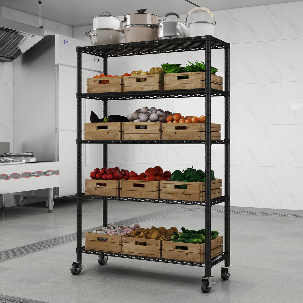 5-Tier NSF Certified Storage Shelves, 18" D X 48" W X 72" H Heavy Duty Steel Wire Shelving Unit with Wheels and Adjustable Feet, Used as Pantry Shelf, Garage or Bakers Rack Kitchen Shelving. ITEM#: 60-5B