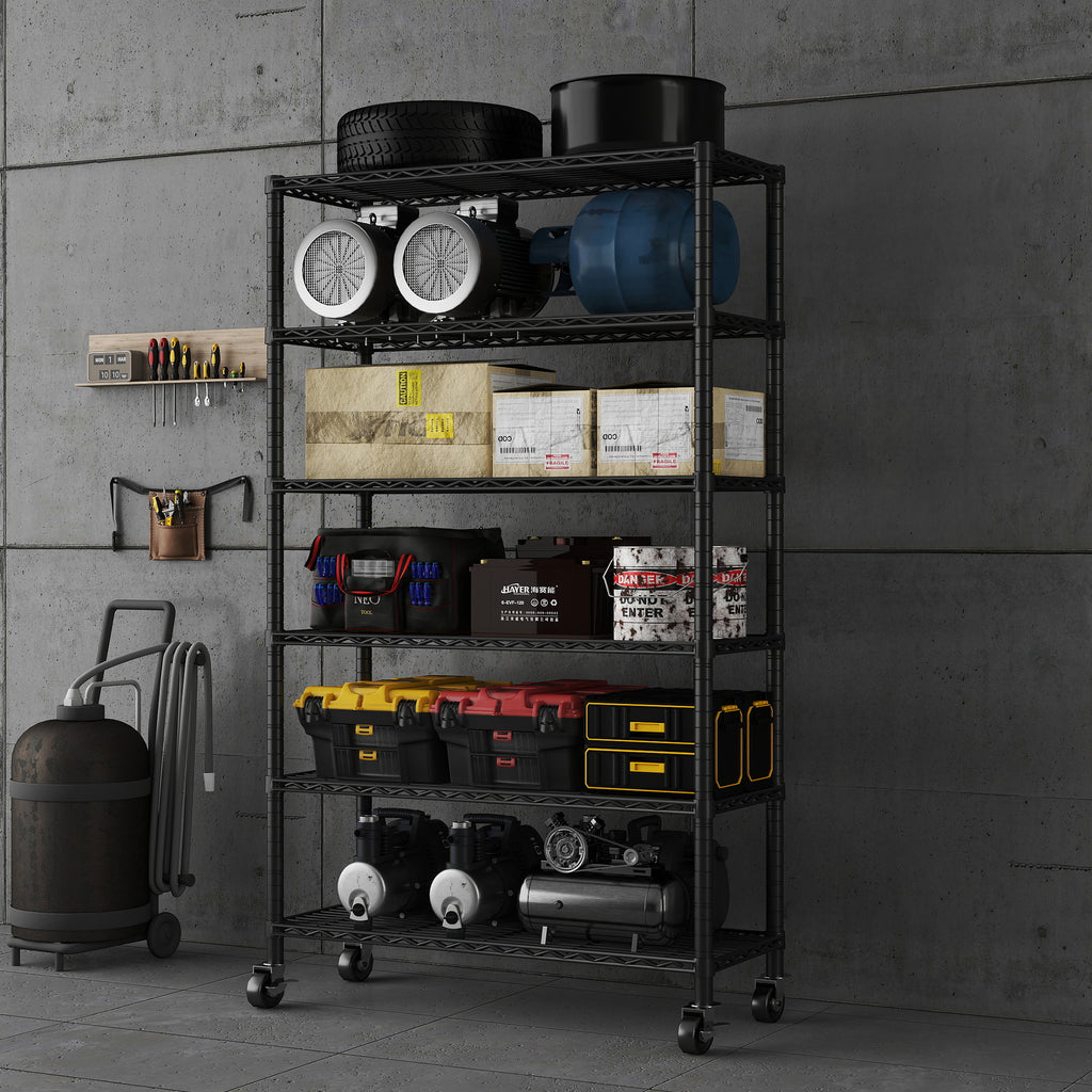 6-Tier NSF Certified Storage Shelves, 18" D X 48" W X 72" H Heavy Duty Steel Wire Shelving Unit with Wheels and Adjustable Feet, Used as Pantry Shelf, Garage or Bakers Rack Kitchen Shelving. ITEM#: 60-6B