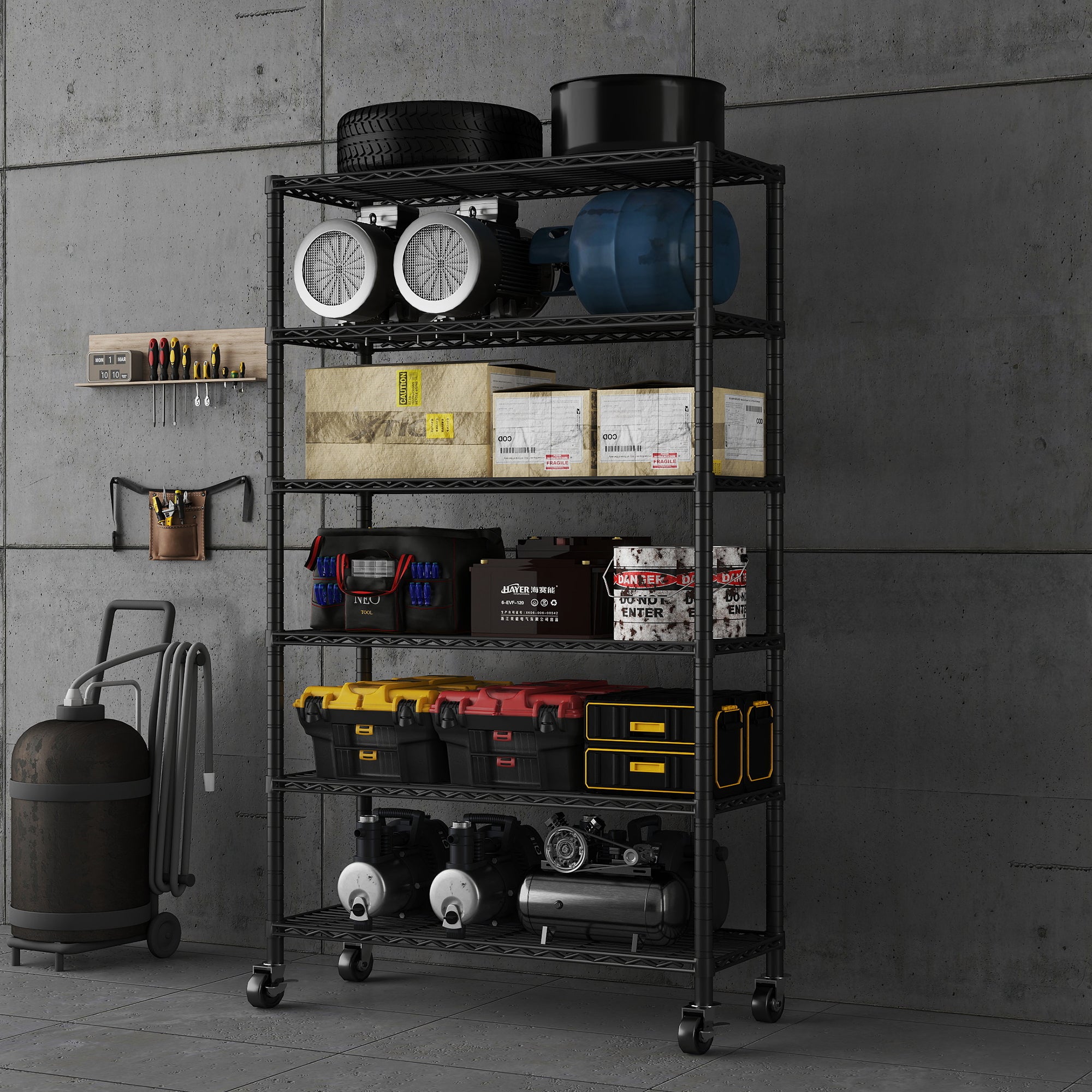 6-Tier NSF Certified Storage Shelves, 18" D X 48" W X 72" H Heavy Duty Steel Wire Shelving Unit with Wheels and Adjustable Feet, Used as Pantry Shelf, Garage or Bakers Rack Kitchen Shelving. ITEM#: 60-6B