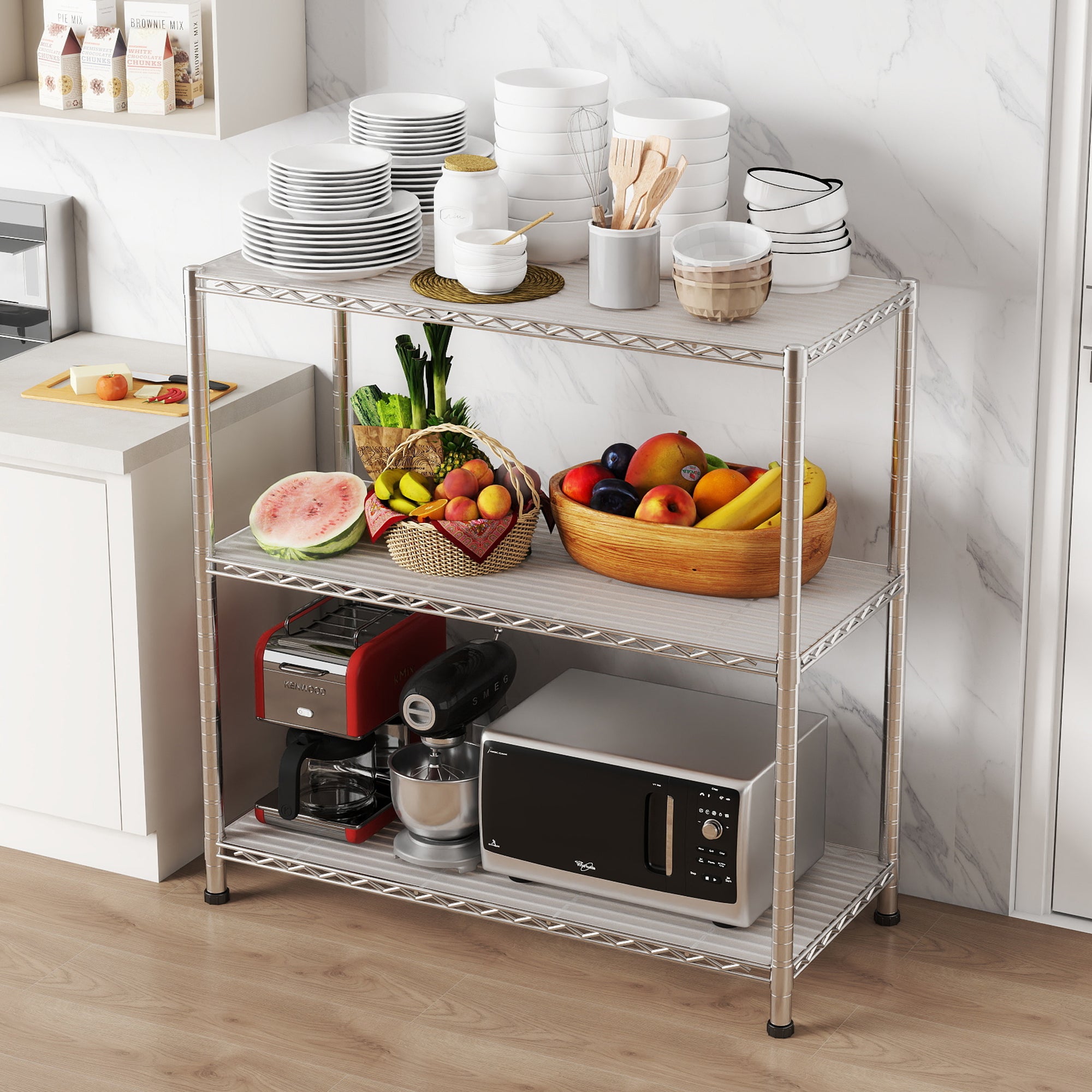 Chrome 3-Shelf Shelving Unit with 3-Shelf Liners, 36" W X 16" D X 36" H Adjustable Rack, Steel Wire Shelves, Shelving Units and Storage for Laundry Bathroom Kitchen Pantry Closet. item#: 530C