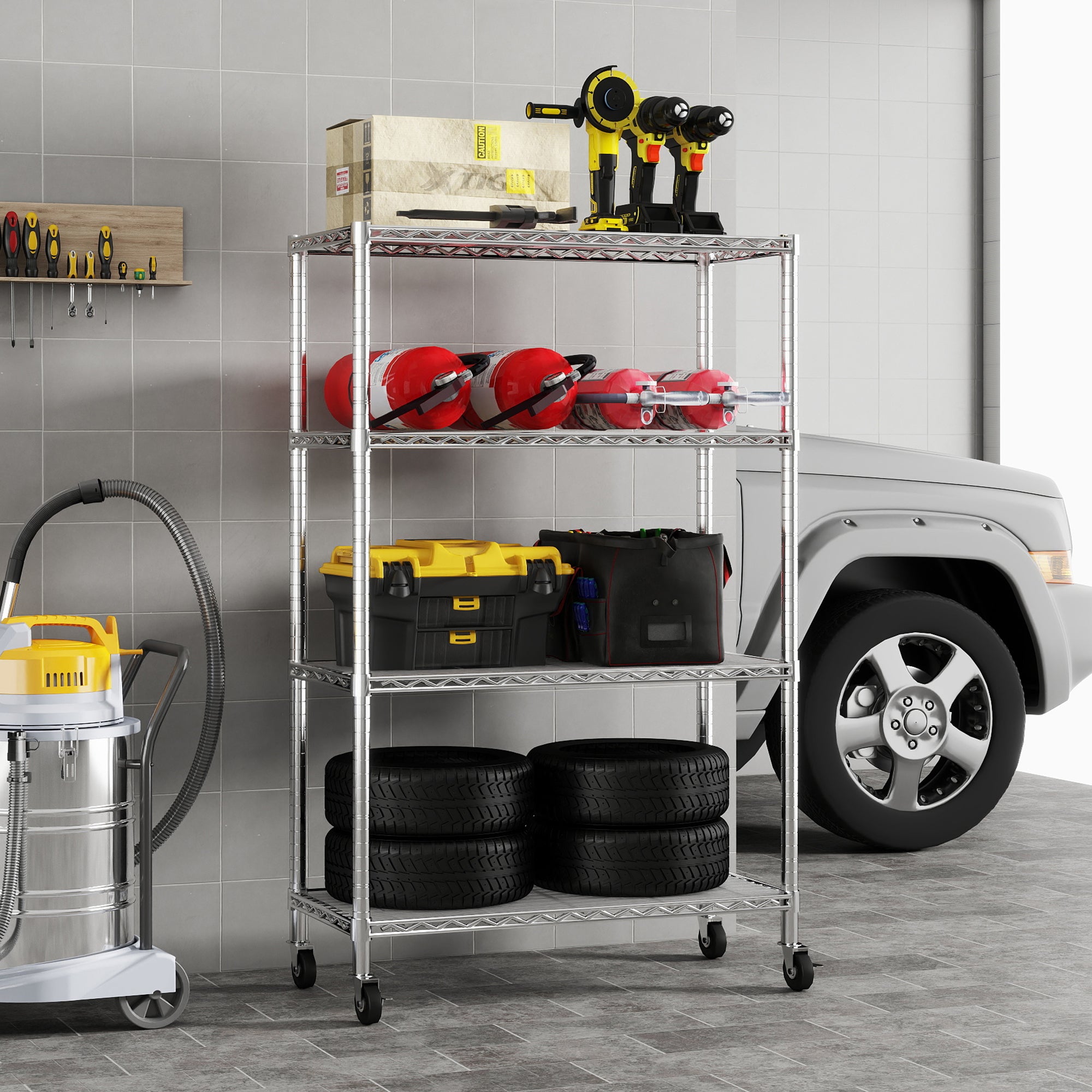 Chrome 4-Shelf Shelving Units and Storage on 3'' Wheels with 4-Shelf Liners, 36W X 14D X 57.7H Adjustable Heavy Duty Steel Wire Shelving Unit for Garage, Kitchen, Office Pole Diameter 1 Inch. item#: 33654