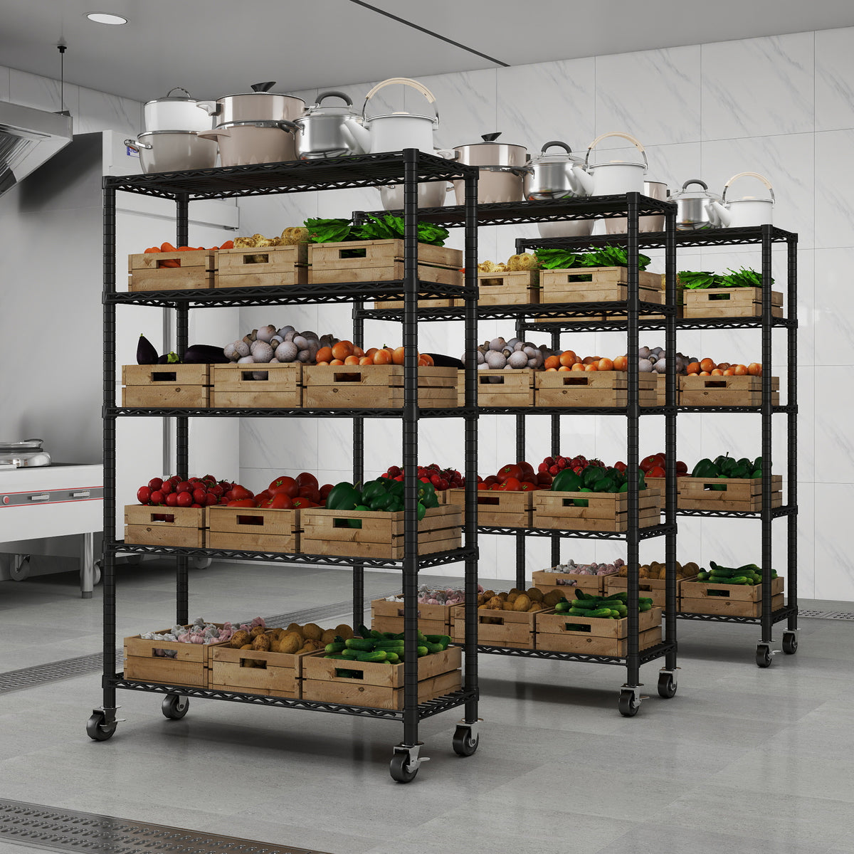 5-Tier NSF Certified Storage Shelves, 18" D X 48" W X 72" H Heavy Duty Steel Wire Shelving Unit with Wheels and Adjustable Feet, Used as Pantry Shelf, Garage or Bakers Rack Kitchen Shelving. ITEM#: 60-5B