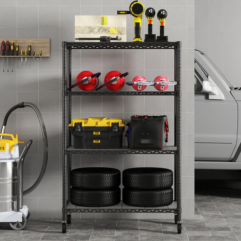 4-Shelf Shelving Units and Storage on 3'' Wheels with 4-Shelf Liners, 36W X 14D X 57.7H Adjustable Heavy Duty Steel Wire Shelving Unit for Garage, Kitchen, Office, Pole Diameter 1 Inch. item#: 33653