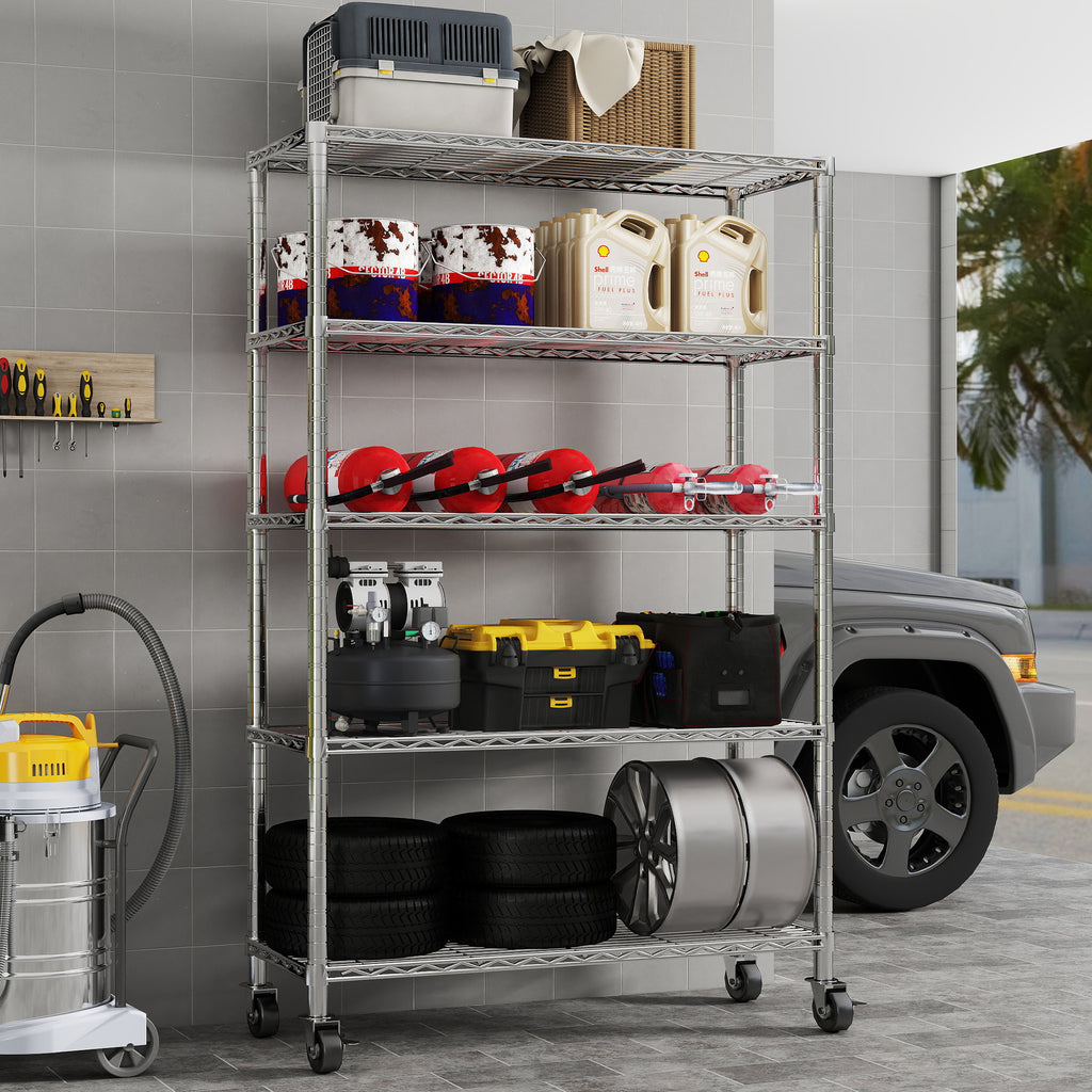 5-Tier Chrome NSF Certified Storage Shelves,18"D X 48"W X 72"H Heavy Duty Steel Wire Shelving Unit with Wheels and Adjustable Feet, Used as Pantry Shelf, Garage or Bakers Rack Kitchen Shelving. ITEM#: 60-5C