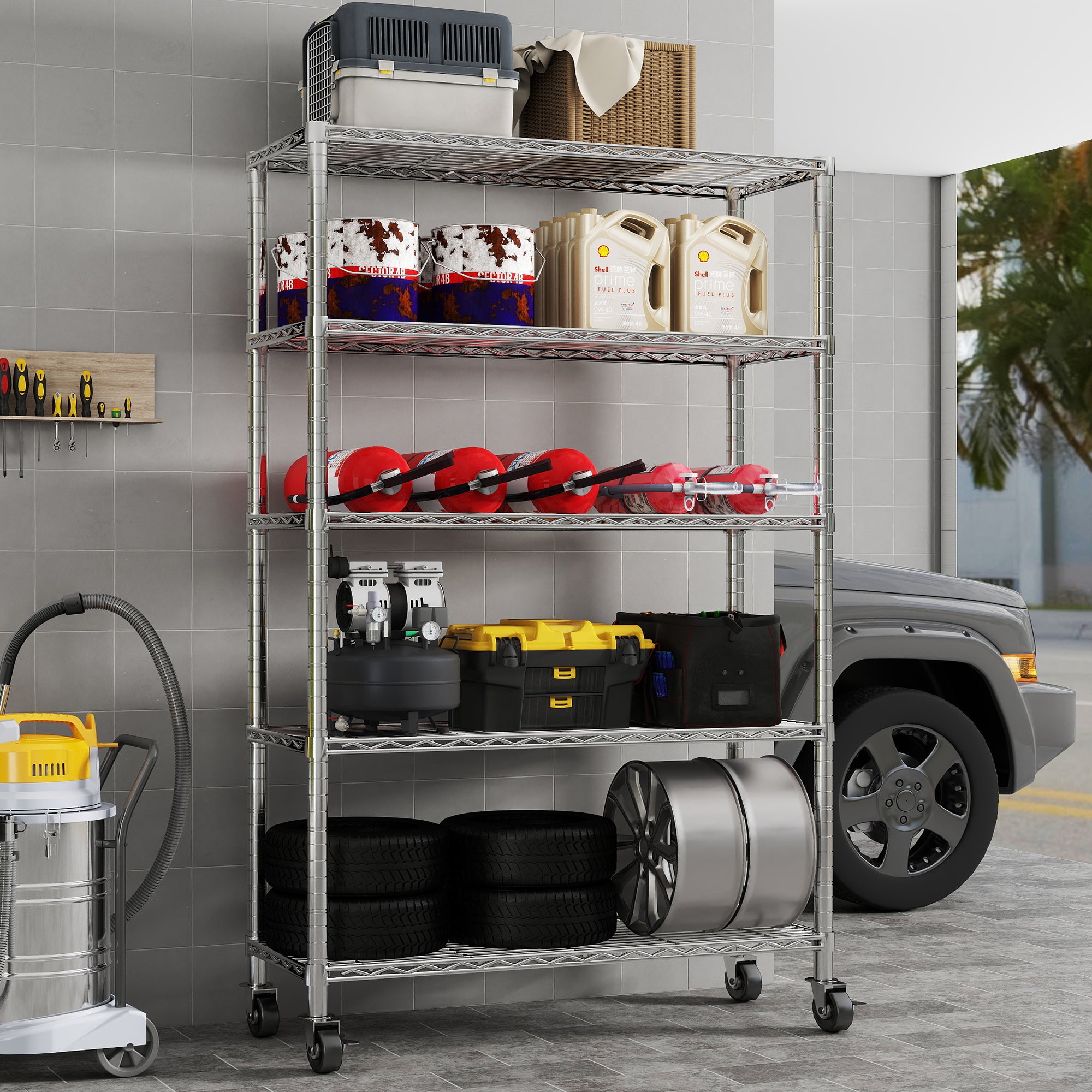 5-Tier Chrome NSF Certified Storage Shelves,18"D X 48"W X 72"H Heavy Duty Steel Wire Shelving Unit with Wheels and Adjustable Feet, Used as Pantry Shelf, Garage or Bakers Rack Kitchen Shelving. ITEM#: 60-5C