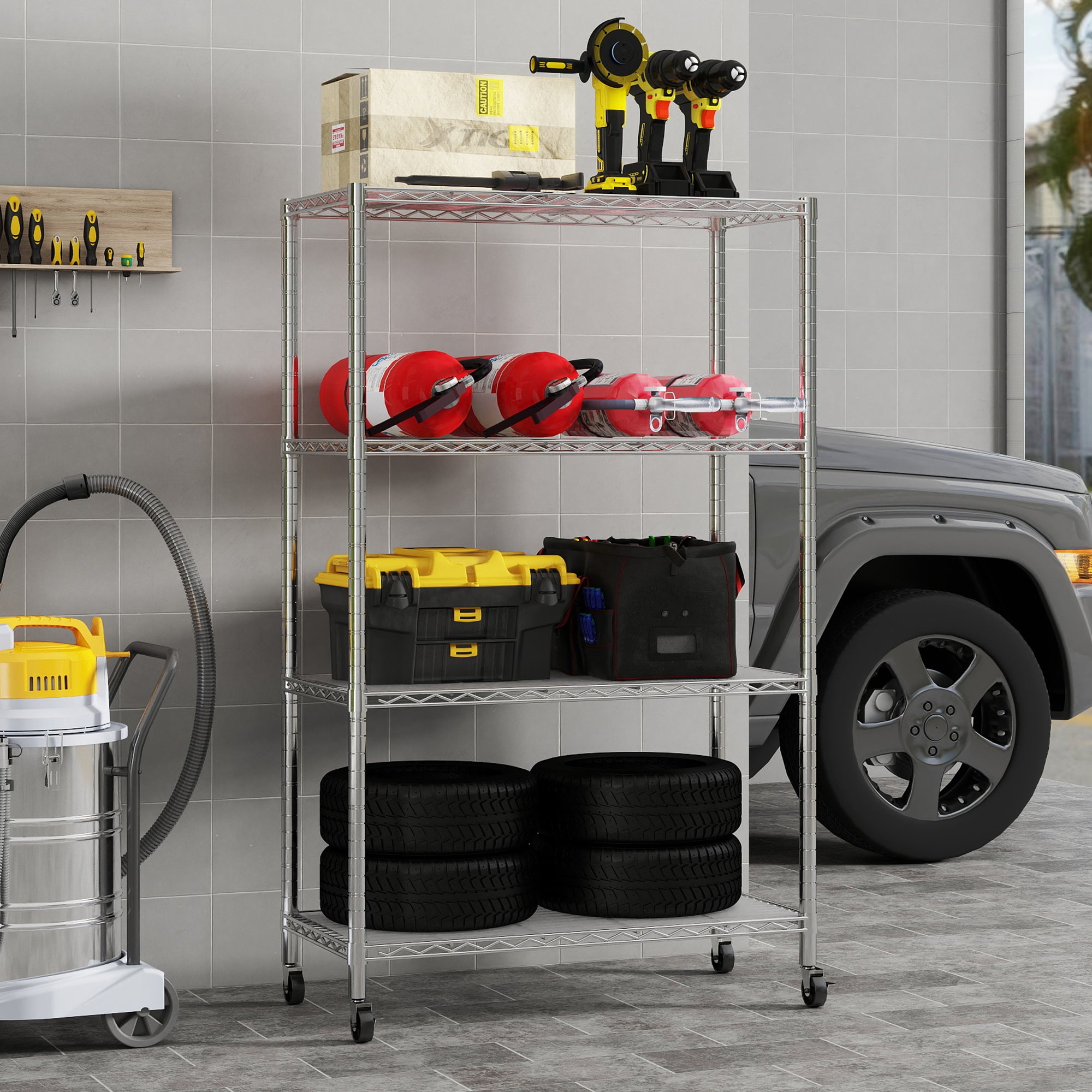 Chrome 4-Shelf Shelving Units and Storage Rack on Wheels with Shelf Liners Set of 4, NSF Certified, Adjustable Matel Wire Shelving Unit Rack for Garage, Kitchen, Office(50H X 30W X 14D). item#: 200-4CW