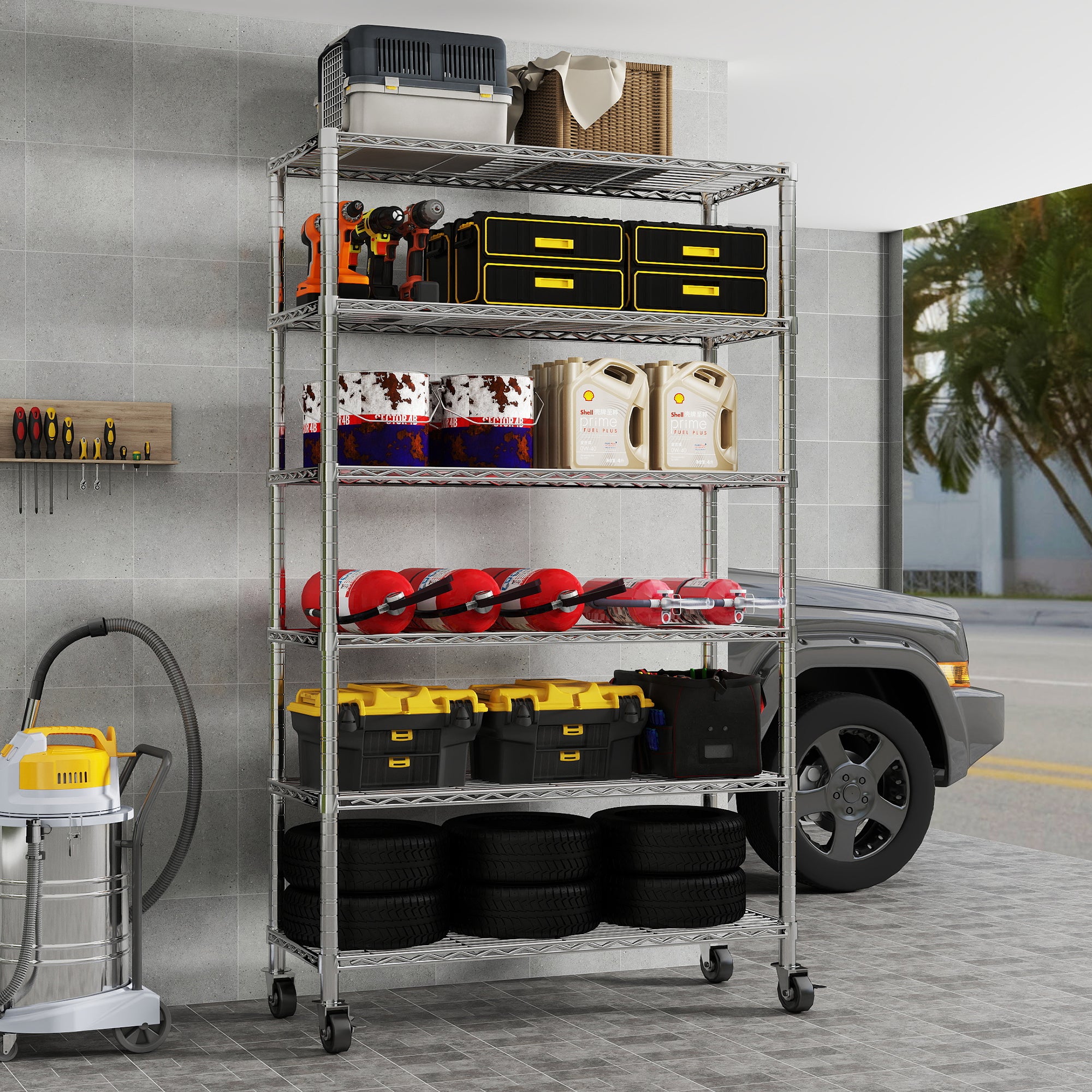 6-Tier Chrome Heavy Duty Storage Shelves, 48" W X 18" D X 72" H NSF Certified Steel Wire Shelving Unit with 4" Wheels and Adjustable Feet, for Office, Pantry, Kitchen, Garage, Bakers Rack. ITEM#: 60-6C