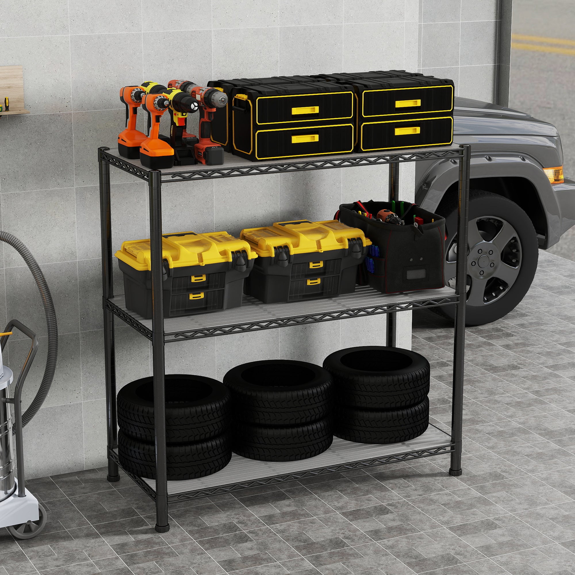 3-Shelf Shelving Unit with 3-Shelf Liners, 36" W X 16" D X 36" H Adjustable Rack, Steel Wire Shelves, Shelving Units and Storage for Laundry Bathroom Kitchen Pantry Closet, Black. item#: 530B