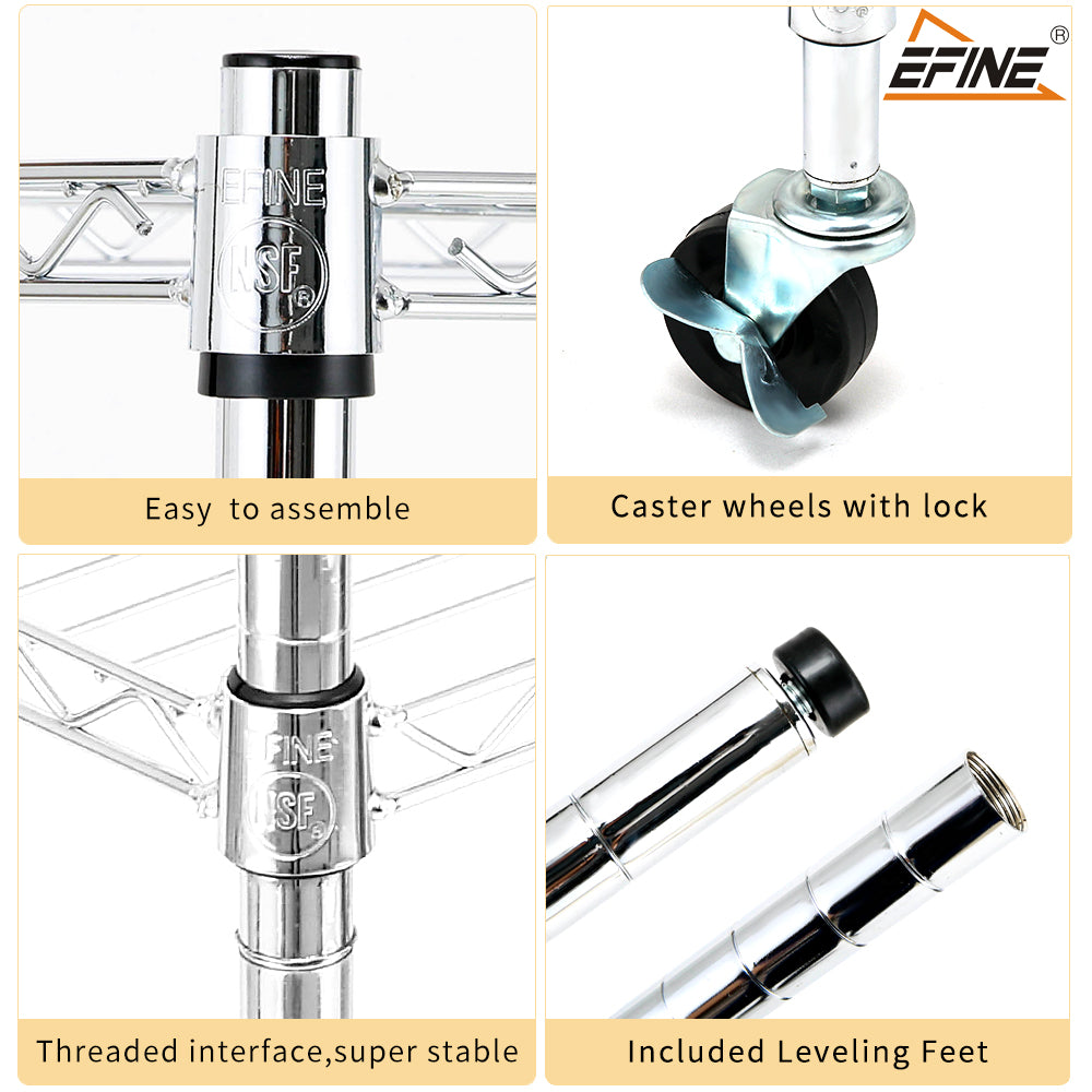 Chrome 4-Shelf Shelving Units and Storage on 3'' Wheels with 4-Shelf Liners, 36W X 14D X 57.7H Adjustable Heavy Duty Steel Wire Shelving Unit for Garage, Kitchen, Office Pole Diameter 1 Inch. item#: 33654