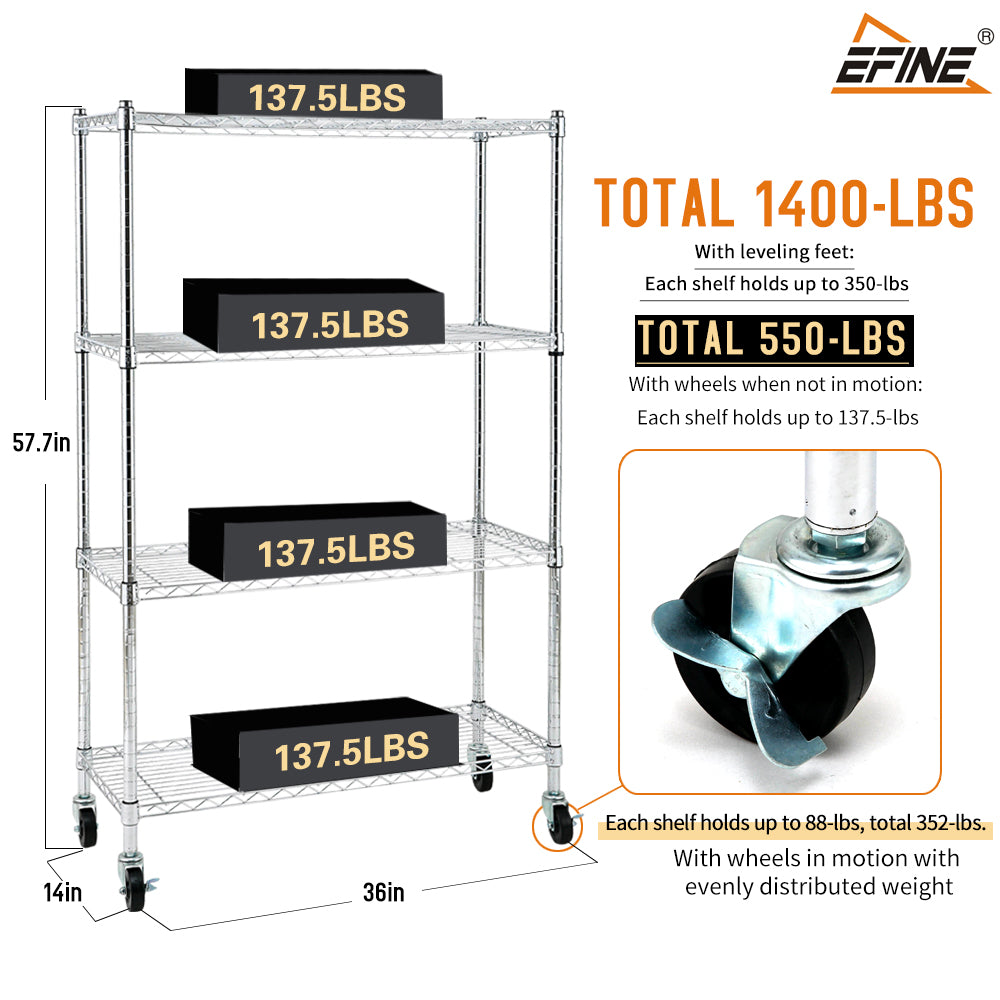 Chrome 4-Shelf Shelving Units and Storage on 3'' Wheels with 4-Shelf Liners, 36W X 14D X 57.7H Adjustable Heavy Duty Steel Wire Shelving Unit for Garage, Kitchen, Office Pole Diameter 1 Inch. item#: 33654