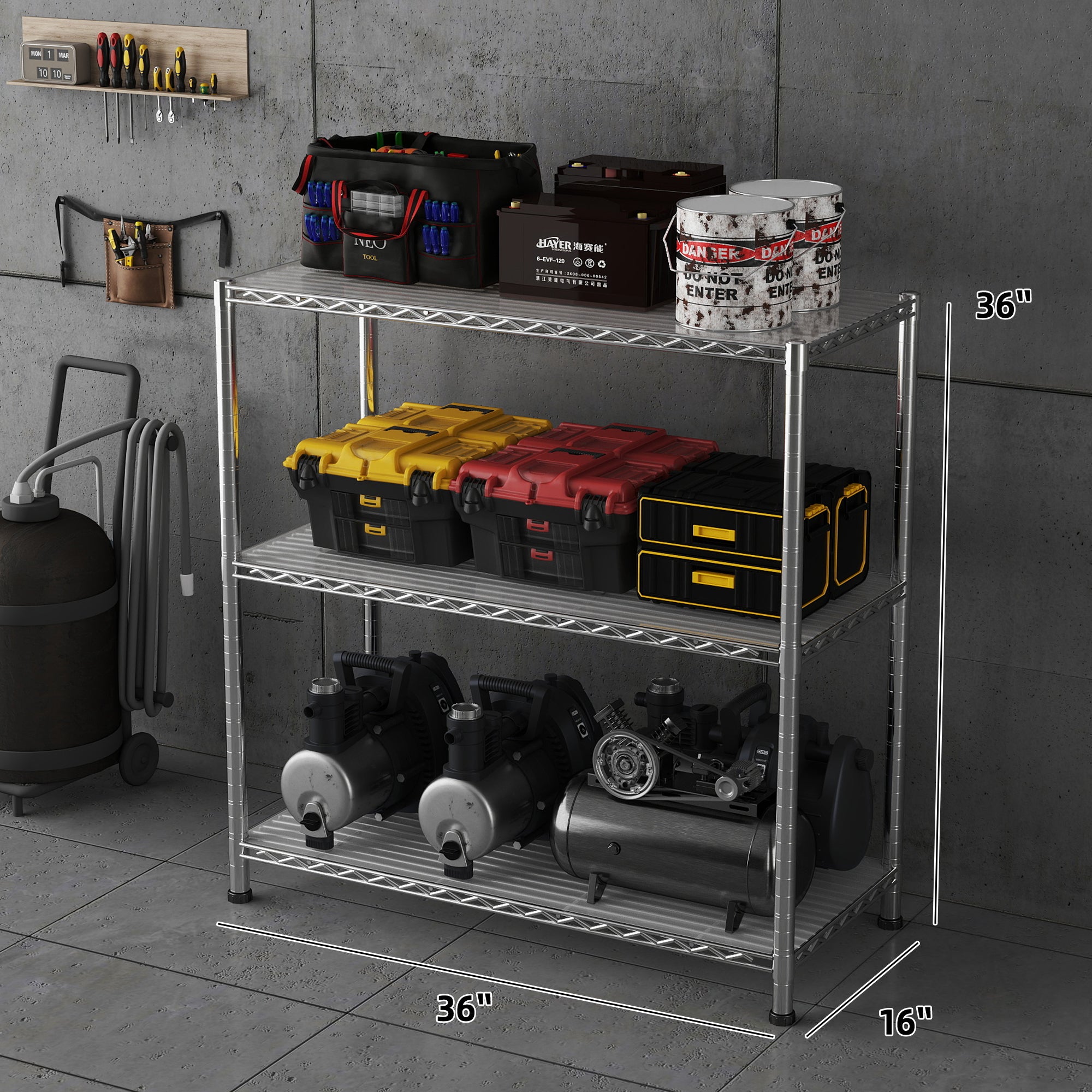 Chrome 3-Shelf Shelving Unit with 3-Shelf Liners, 36" W X 16" D X 36" H Adjustable Rack, Steel Wire Shelves, Shelving Units and Storage for Laundry Bathroom Kitchen Pantry Closet. item#: 530C