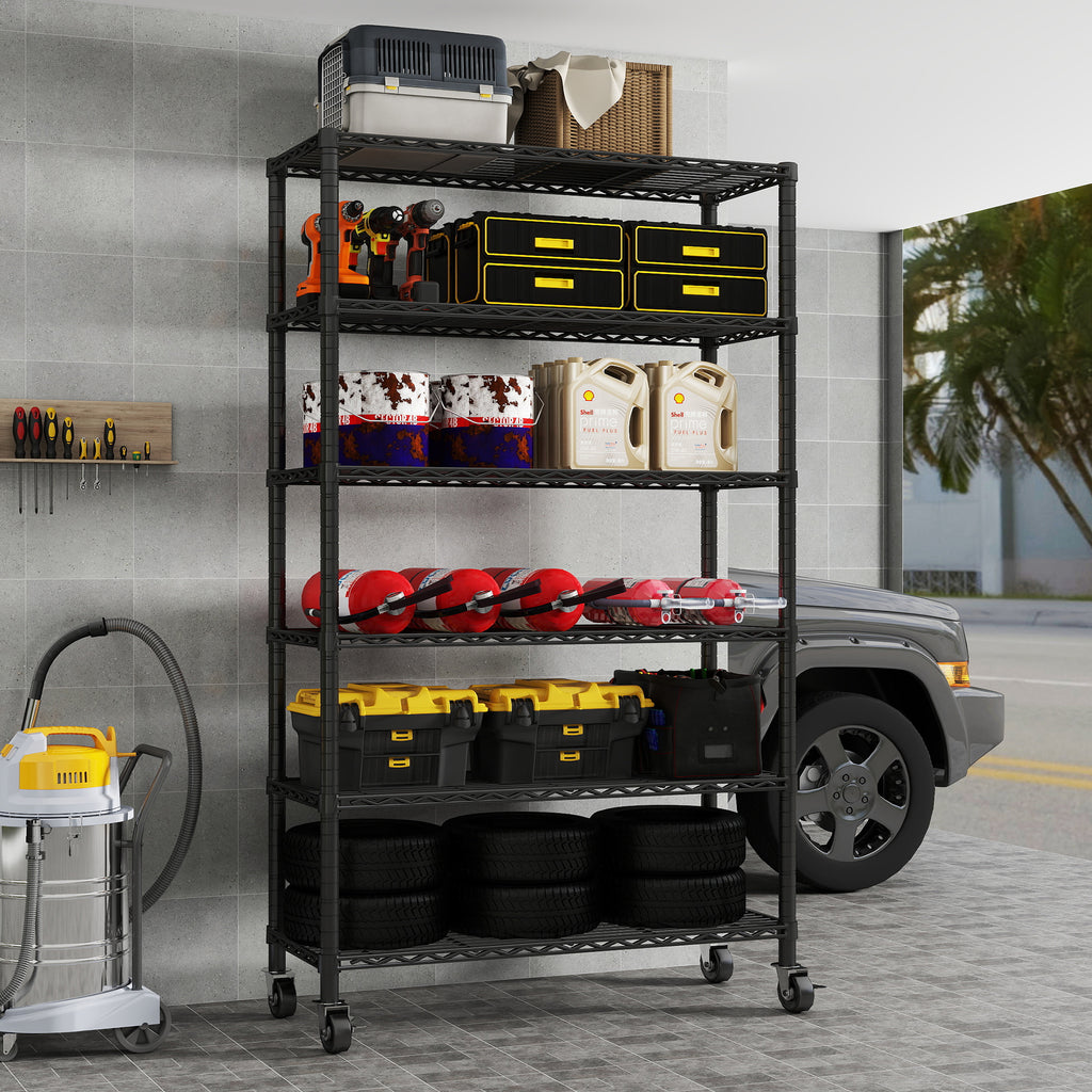 6-Tier NSF Certified Storage Shelves, 18" D X 48" W X 72" H Heavy Duty Steel Wire Shelving Unit with Wheels and Adjustable Feet, Used as Pantry Shelf, Garage or Bakers Rack Kitchen Shelving. ITEM#: 60-6B