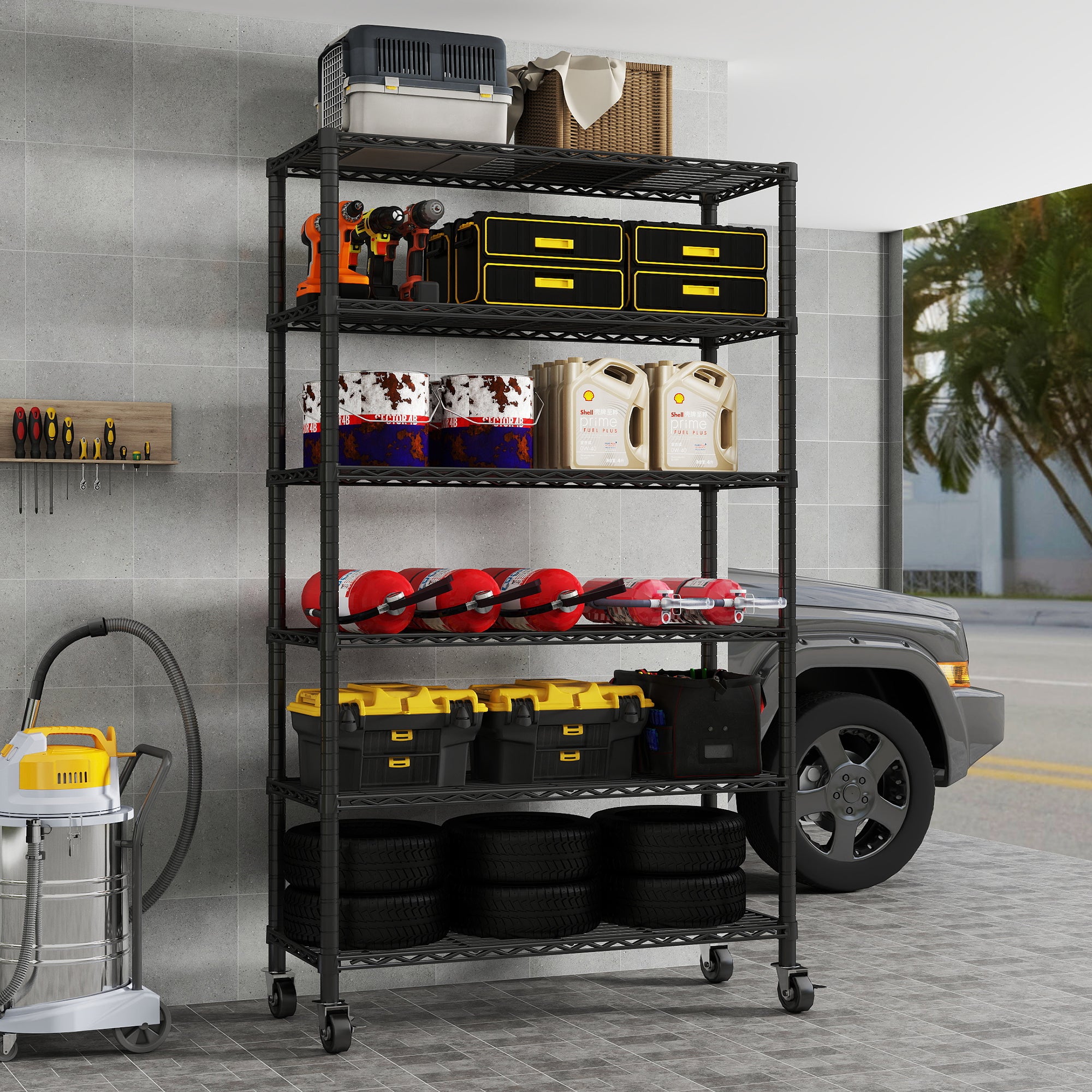 6-Tier NSF Certified Storage Shelves, 18" D X 48" W X 72" H Heavy Duty Steel Wire Shelving Unit with Wheels and Adjustable Feet, Used as Pantry Shelf, Garage or Bakers Rack Kitchen Shelving. ITEM#: 60-6B