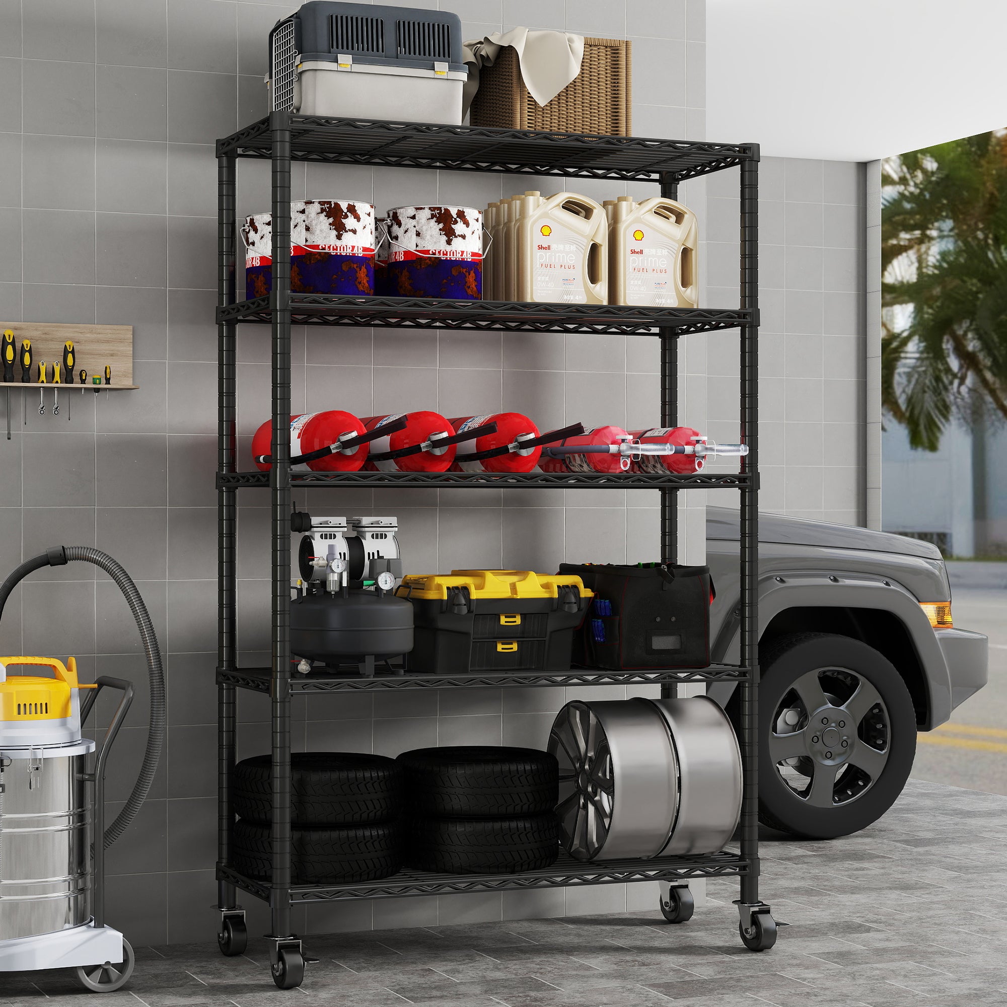 5-Tier NSF Certified Storage Shelves, 18" D X 48" W X 72" H Heavy Duty Steel Wire Shelving Unit with Wheels and Adjustable Feet, Used as Pantry Shelf, Garage or Bakers Rack Kitchen Shelving. ITEM#: 60-5B