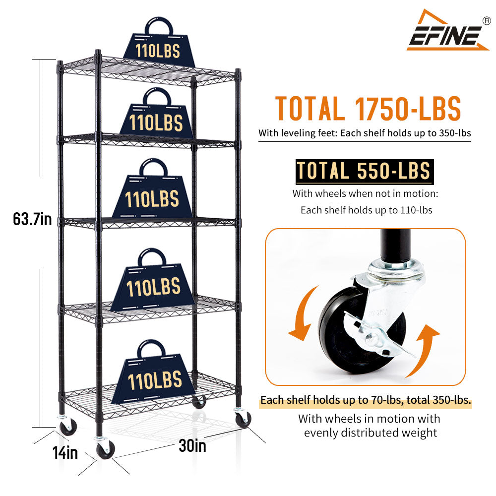 5-Shelf Shelving Units and Storage on 3'' Wheels with Shelf Liners Set of 5, NSF Certified, Adjustable Heavy Duty Carbon Steel Wire Shelving Unit (30W x 14D x 63.7H) Pole Diameter 1 Inch. item#: 33655