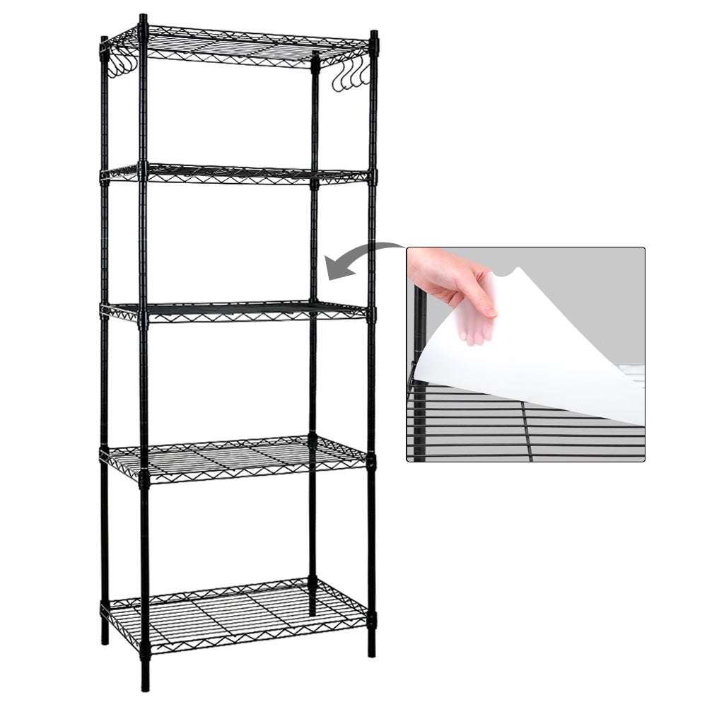 5-Shelf Shelving Unit with Shelf Liners Set of 5, NSF Certified, Adjustable, Steel Organizer Wire Rack, 100lbs Loading Capacity Per Shelf, for Kitchen and Garage (23.6W x 14D x 59H) Black. ITEM#: 100-5