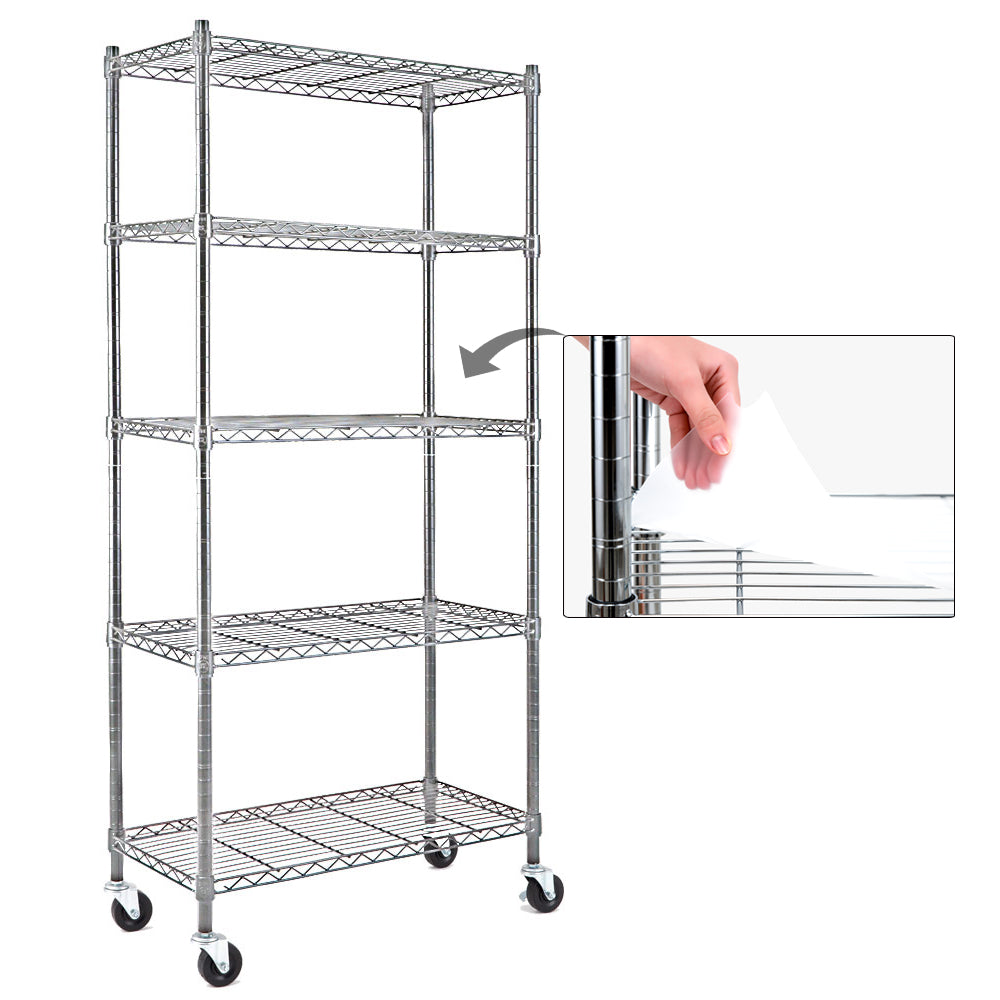 5-Shelf Shelving Units and Storage on Wheels with Shelf Liners Set of 5, NSF Certified, Adjustable Carbon Steel Wire Shelving Unit Rack for Garage, Kitchen, Office(63H X 30W X 14D). item#: 200-5CW