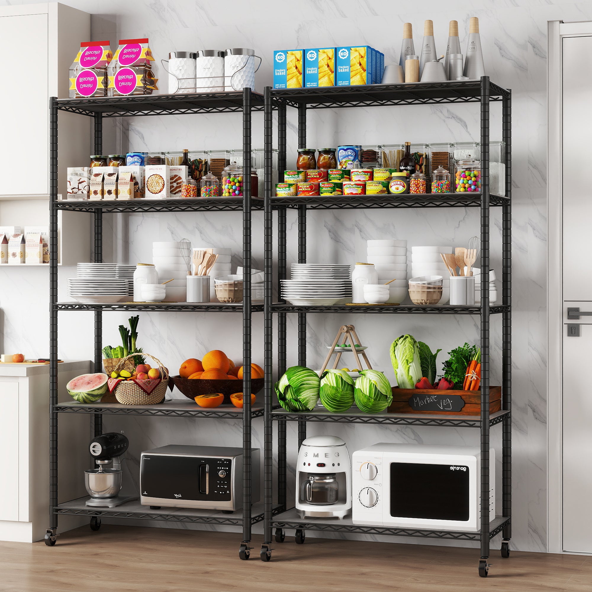 5-Shelf Shelving Units and Storage on Wheels with Shelf Liners Set of 5, NSF Certified, Adjustable Carbon Steel Wire Shelving Unit Rack for Garage, Kitchen, Office(63H X 30W X 14D). item#: 200-5W