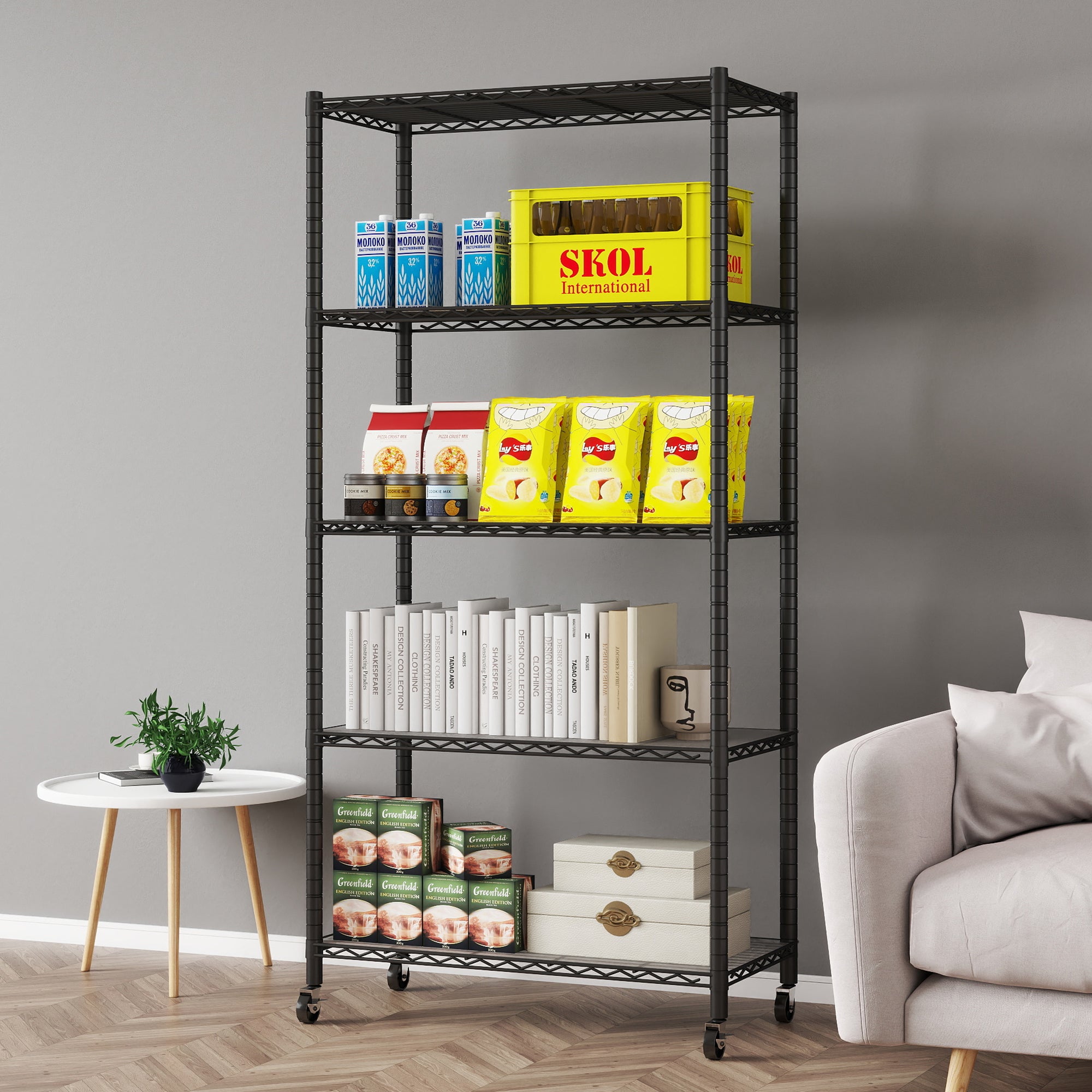 5-Shelf Shelving Units and Storage on Wheels with Shelf Liners Set of 5, NSF Certified, Adjustable Carbon Steel Wire Shelving Unit Rack for Garage, Kitchen, Office(63H X 30W X 14D). item#: 200-5W