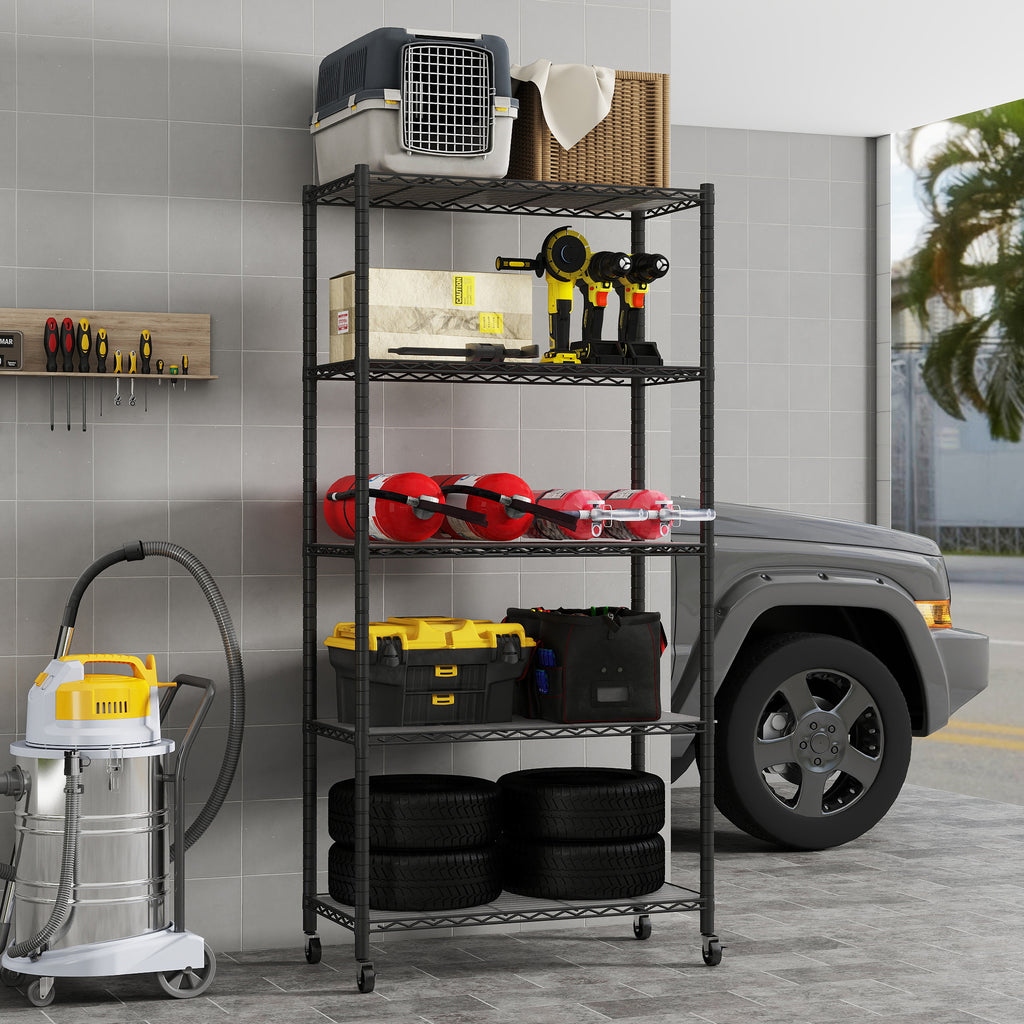 5-Shelf Shelving Units and Storage on Wheels with Shelf Liners Set of 5, NSF Certified, Adjustable Carbon Steel Wire Shelving Unit Rack for Garage, Kitchen, Office(63H X 30W X 14D). item#: 200-5W