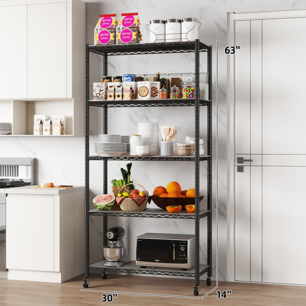 5-Shelf Shelving Units and Storage on Wheels with Shelf Liners Set of 5, NSF Certified, Adjustable Carbon Steel Wire Shelving Unit Rack for Garage, Kitchen, Office(63H X 30W X 14D). item#: 200-5W