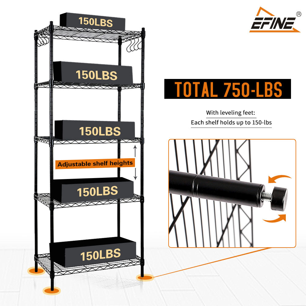 5-Shelf Shelving Unit with Shelf Liners Set of 5, NSF Certified, Adjustable, Steel Organizer Wire Rack, 100lbs Loading Capacity Per Shelf, for Kitchen and Garage (23.6W x 14D x 59H) Black. ITEM#: 100-5