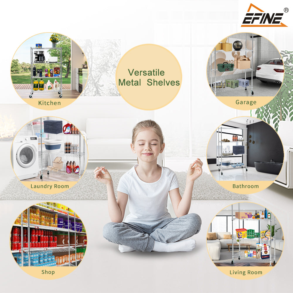 Chrome 4-Shelf Shelving Units and Storage on 3'' Wheels with 4-Shelf Liners, 36W X 14D X 57.7H Adjustable Heavy Duty Steel Wire Shelving Unit for Garage, Kitchen, Office Pole Diameter 1 Inch. item#: 33654