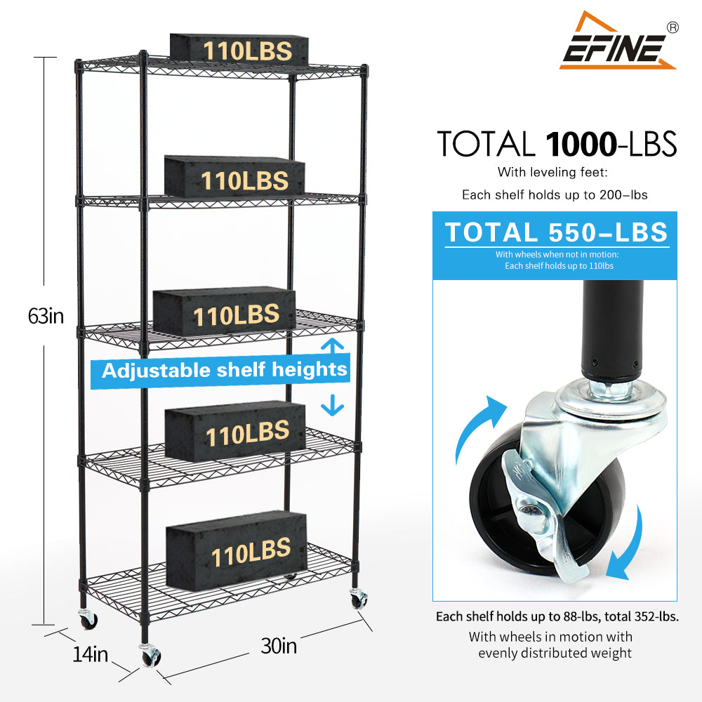 5-Shelf Shelving Units and Storage on Wheels with Shelf Liners Set of 5, NSF Certified, Adjustable Carbon Steel Wire Shelving Unit Rack for Garage, Kitchen, Office(63H X 30W X 14D). item#: 200-5W