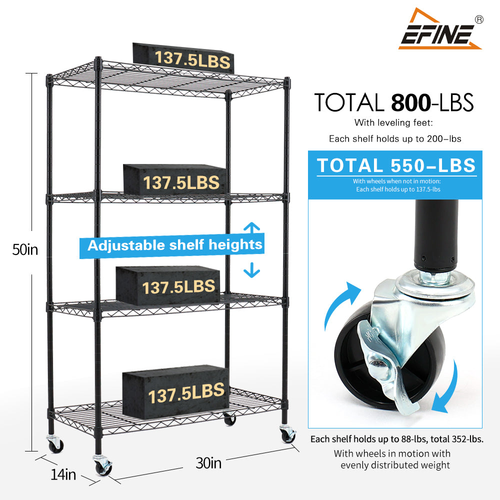 4-Shelf Shelving Units and Storage on Wheels with Shelf Liners Set of 4, NSF Certified, Adjustable Carbon Steel Wire Shelving Unit Rack for Garage, Kitchen, Office(50H X 30W X 14D). item#: 200-4W